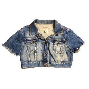 Vintage 90s Y2K Southwestern Retro Cowgirl Boho Cropped Denim Fringe Jacket M